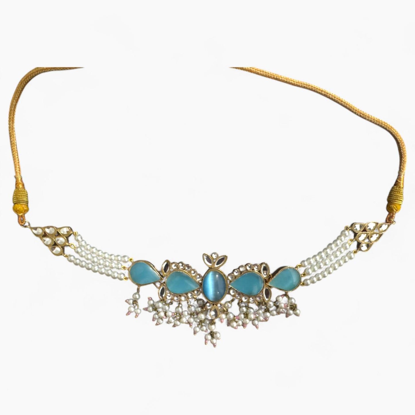 Traditional Jewellery Set with aqua coloured stones, Adjustable ring