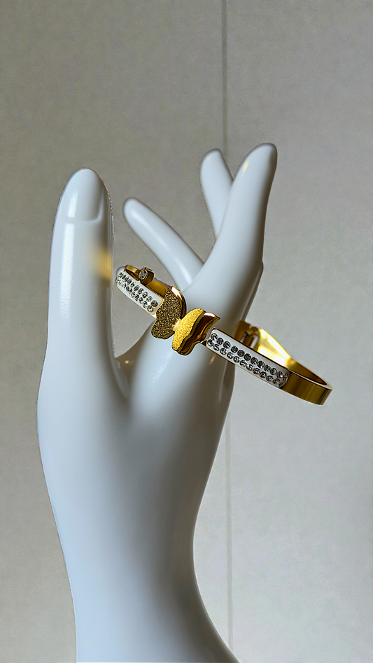 Golden Flutter Crystal Butterfly Bangle
