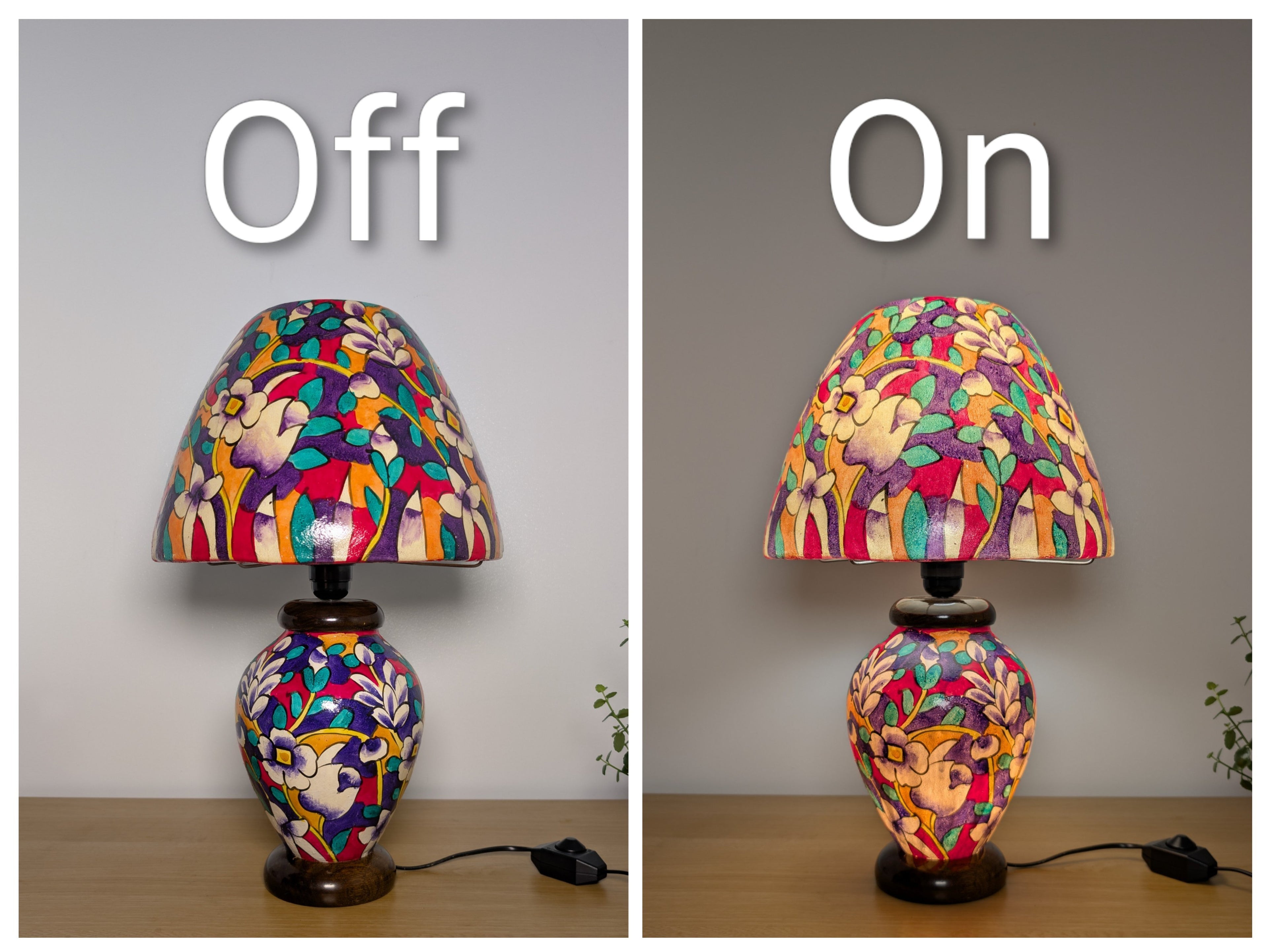 Hand Painted Table Lamp – Colourful Floral Garden Design Lampshades - Wooden Base
