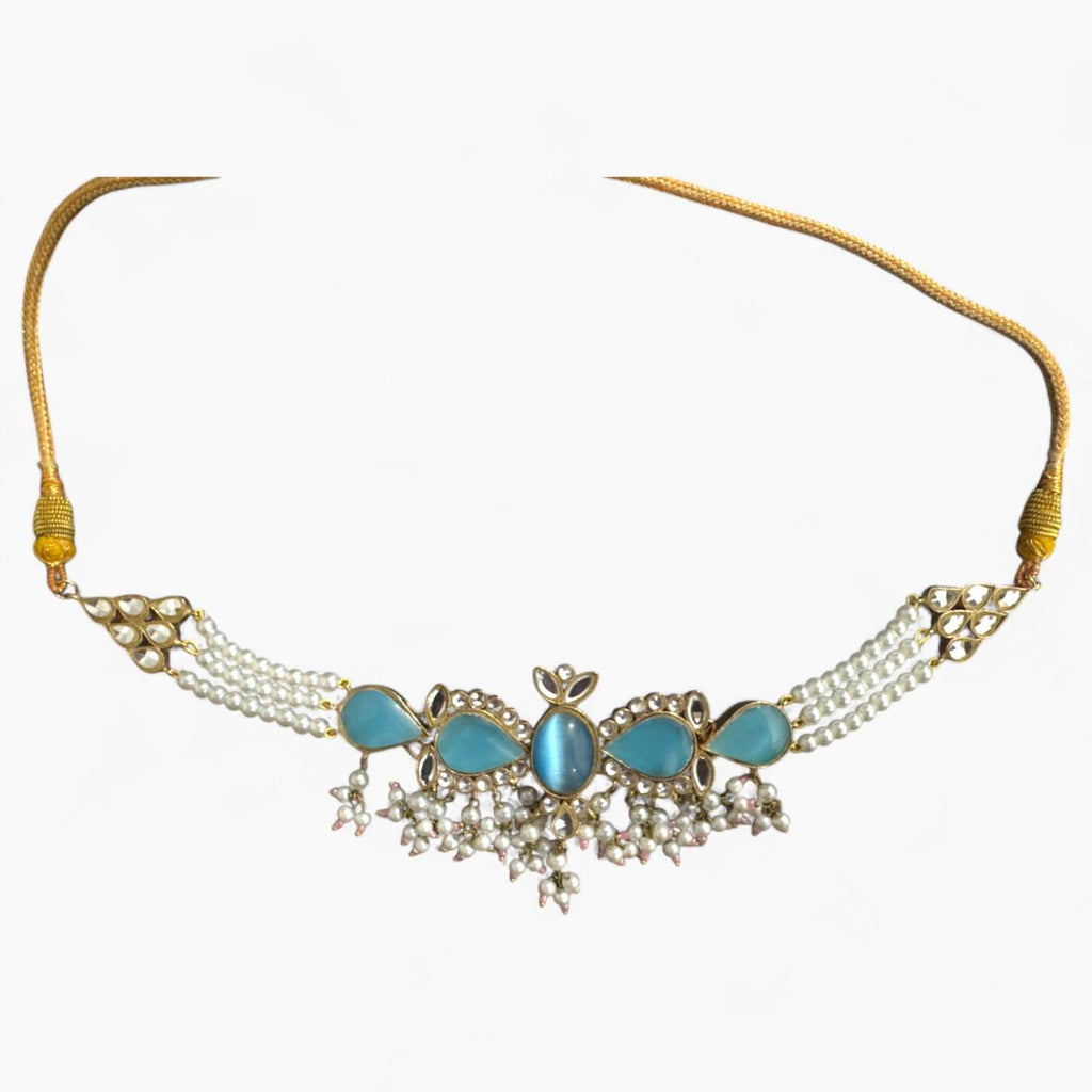 Traditional Jewellery Set with aqua coloured stones, Adjustable ring