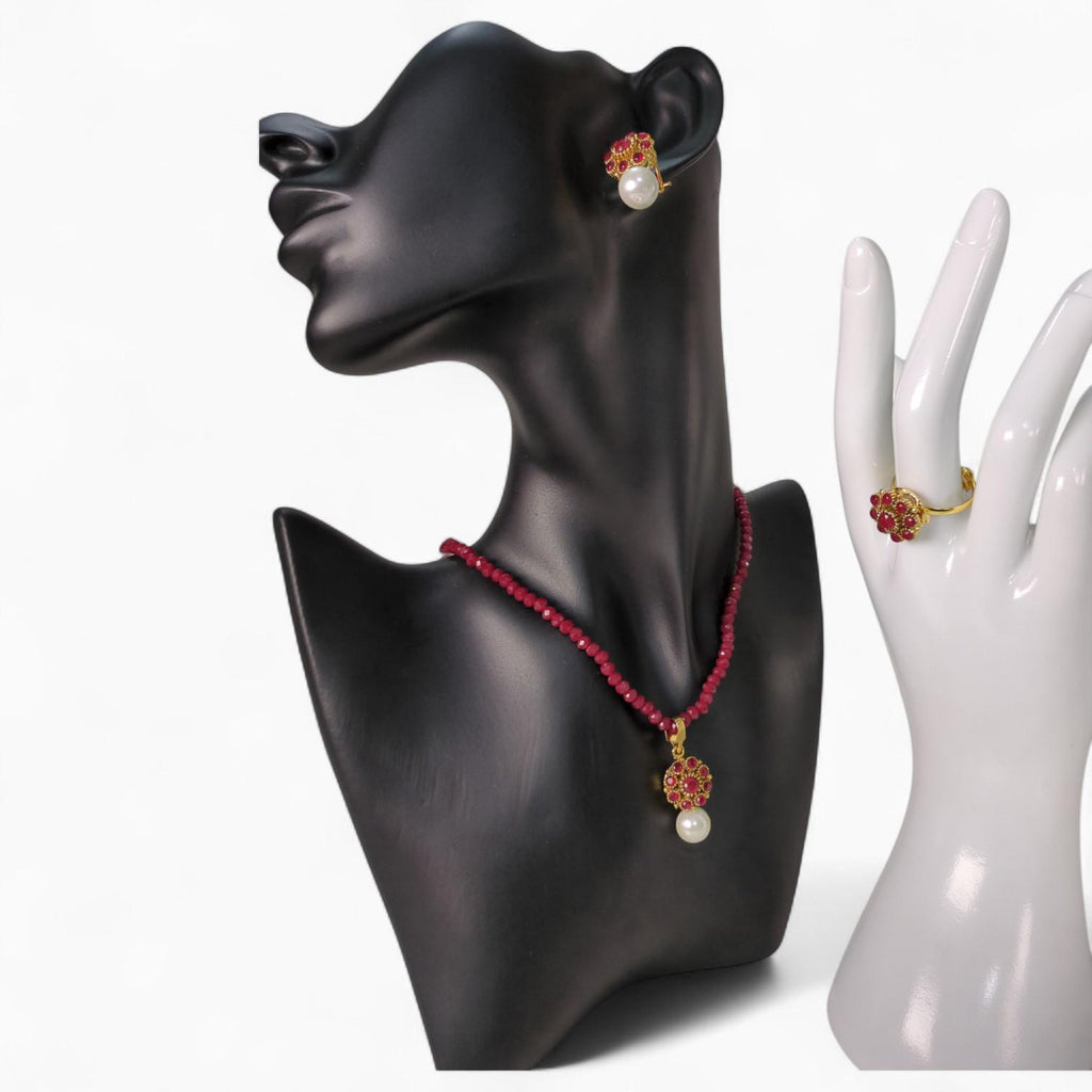 Red Beads Necklace Set With Earrings And Adjustable Ring