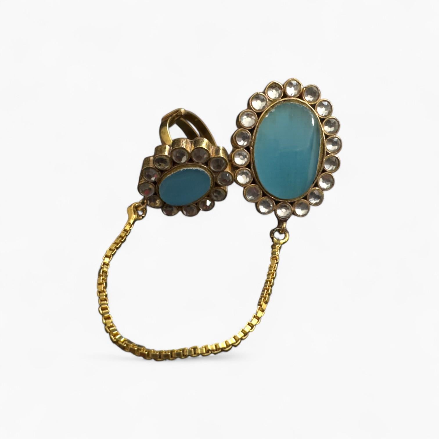 Traditional Jewellery Set with aqua coloured stones, Adjustable ring
