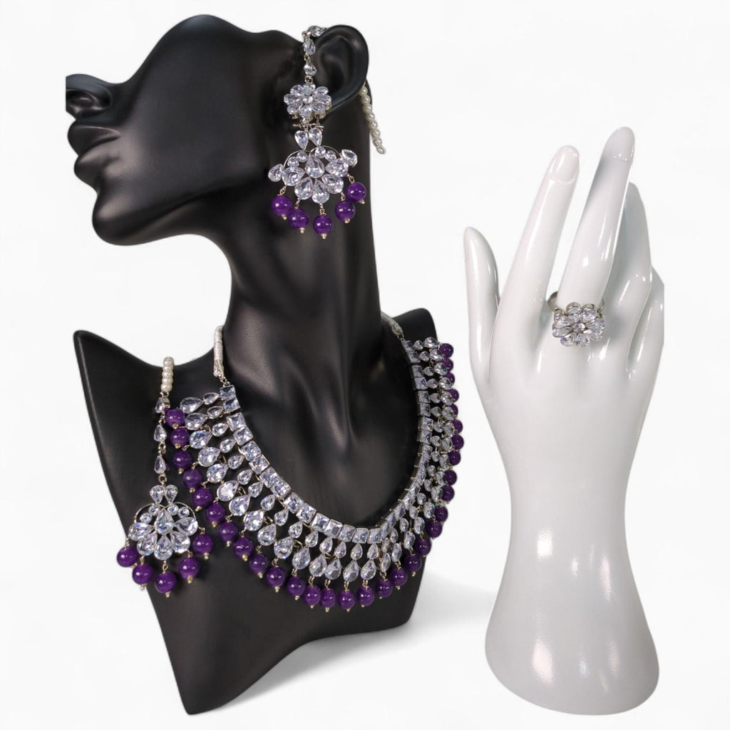 Purple Tradinals jewellery with Necklace, Earrings, bindi and Adjustable Ring