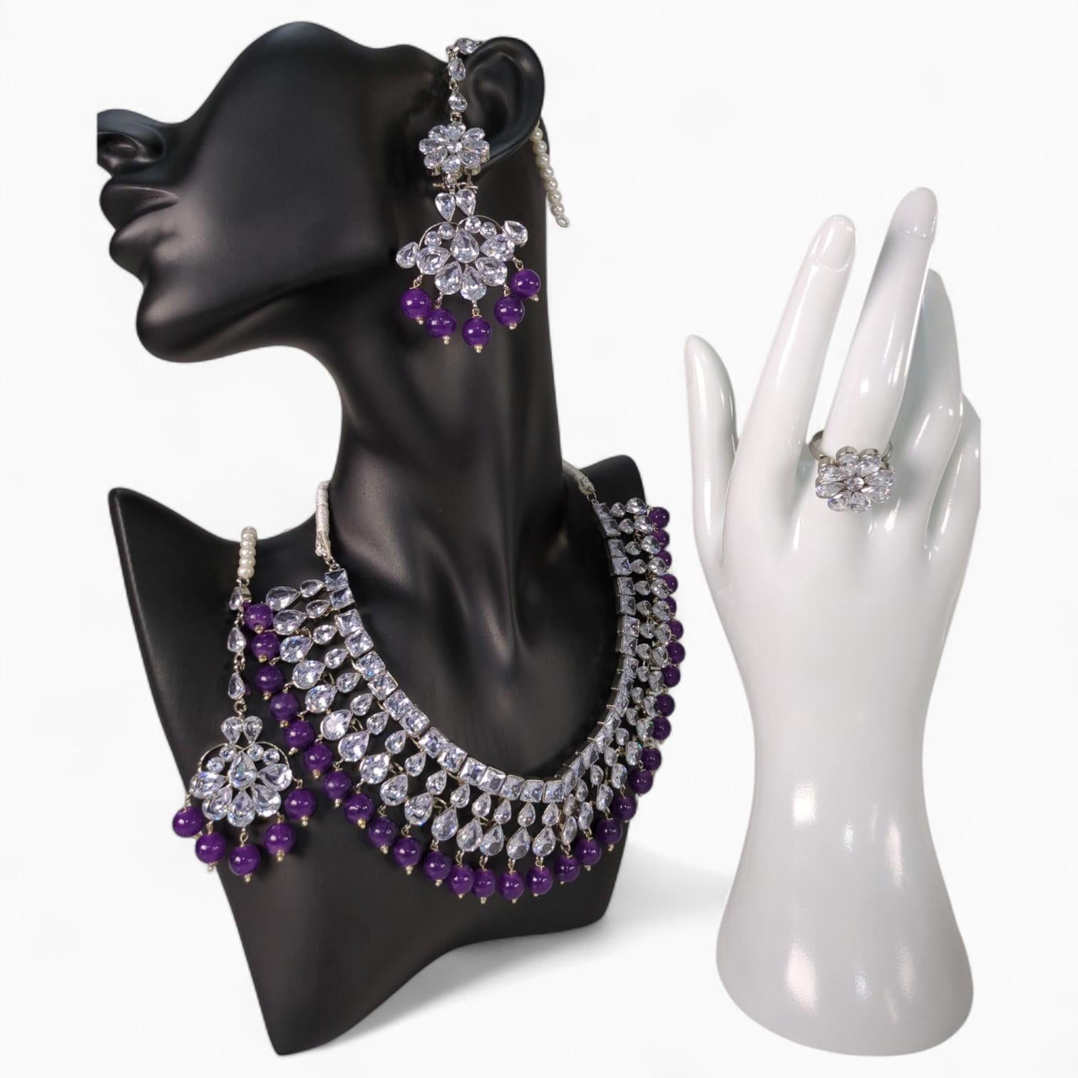 Purple Tradinals jewellery with Necklace, Earrings, bindi and Adjustable Ring