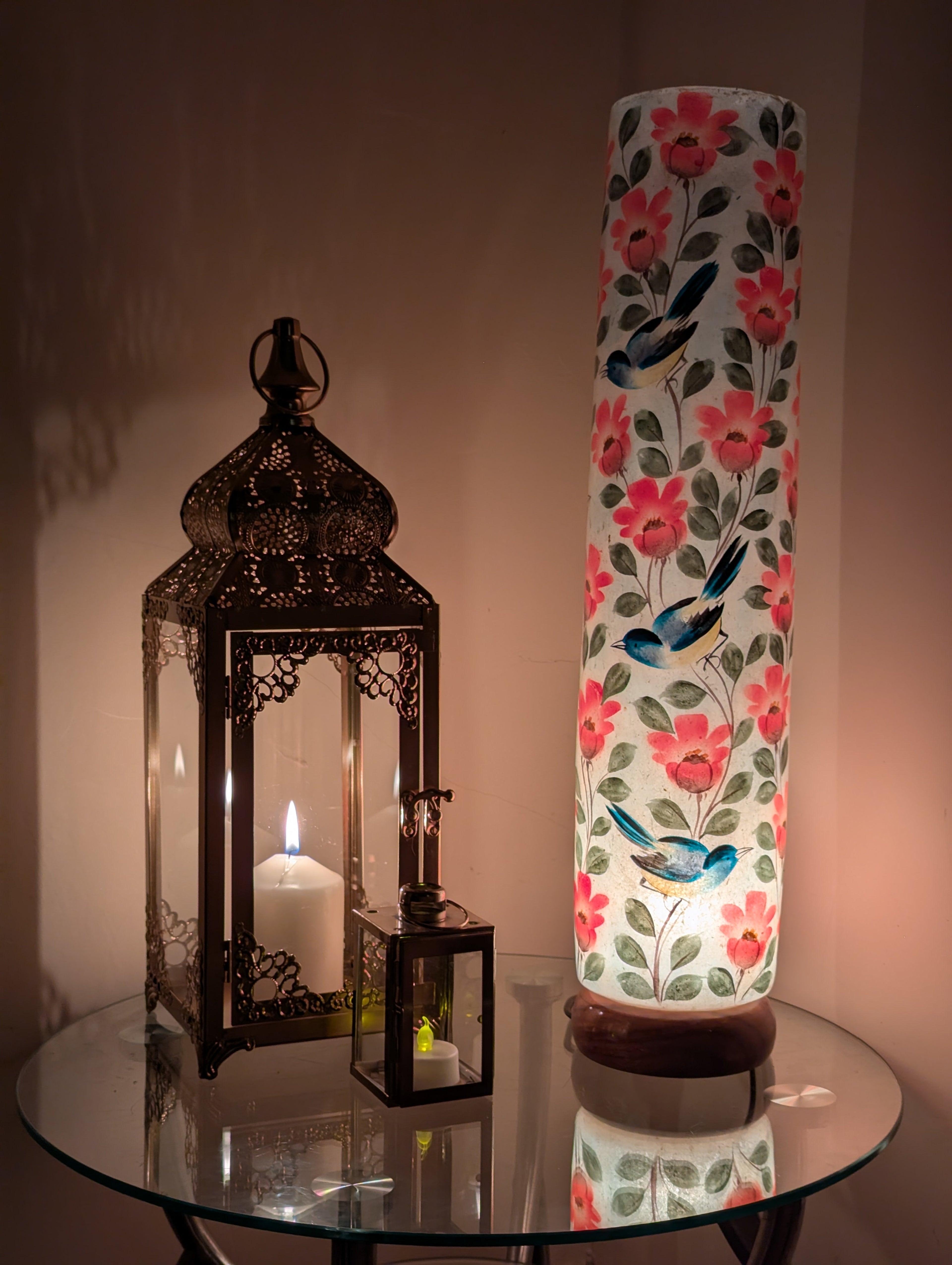 Artistic Floral Bird Lamp - Hand-Painted Vintage Boho Decor Unique Table Accent