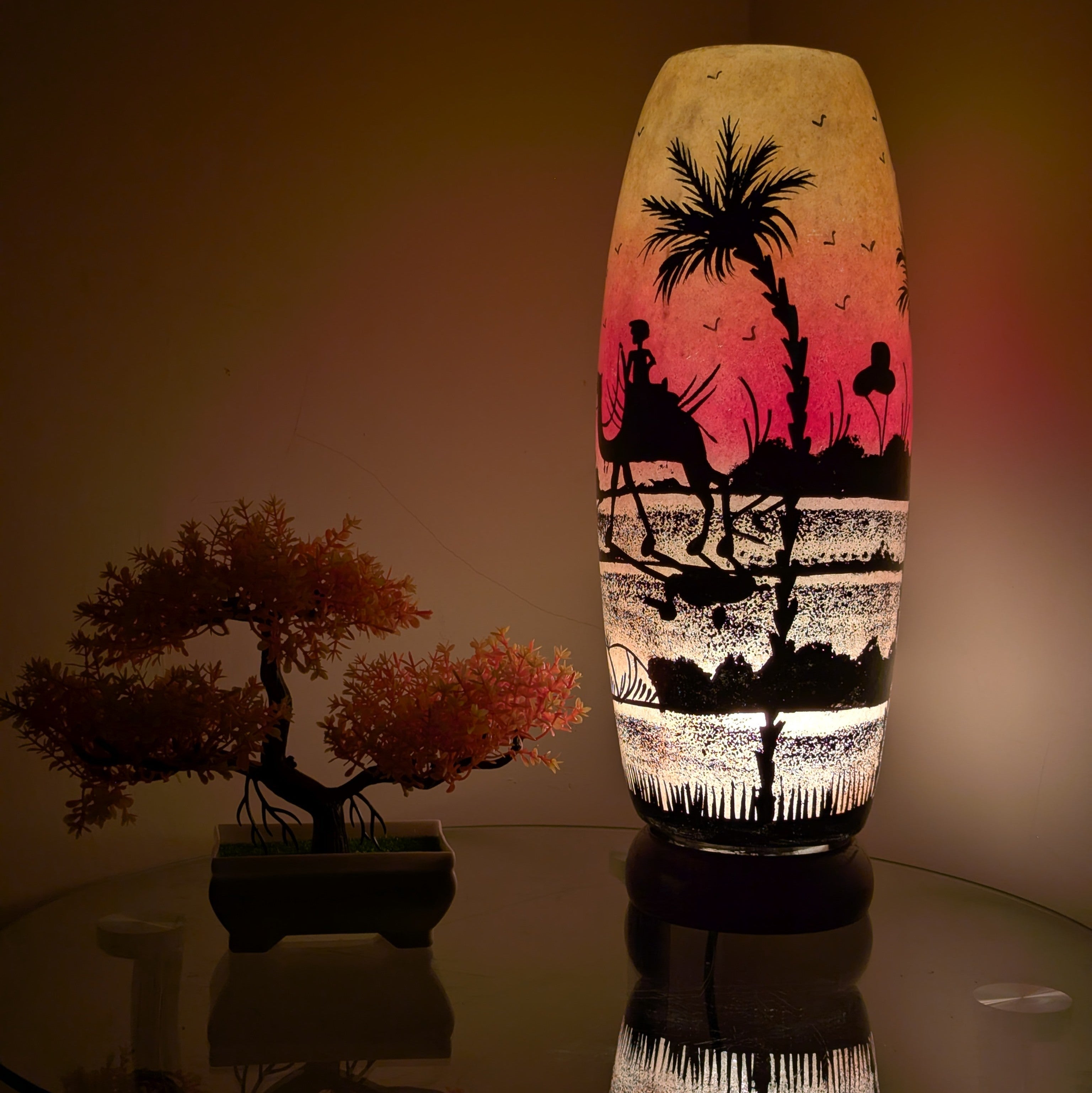 Handmade Multani Camel Skin Lamp - Painted Boho Desert Scene Ambient Light