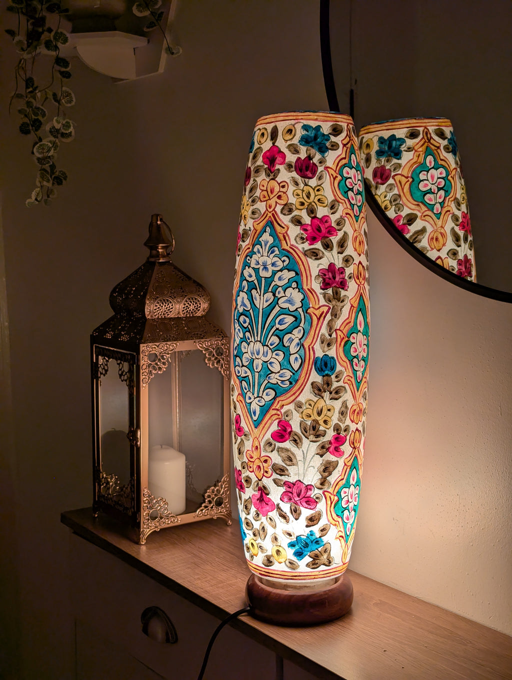 Hand-Painted Floral Table Lamp: Camel Skin, Unique Home Decor