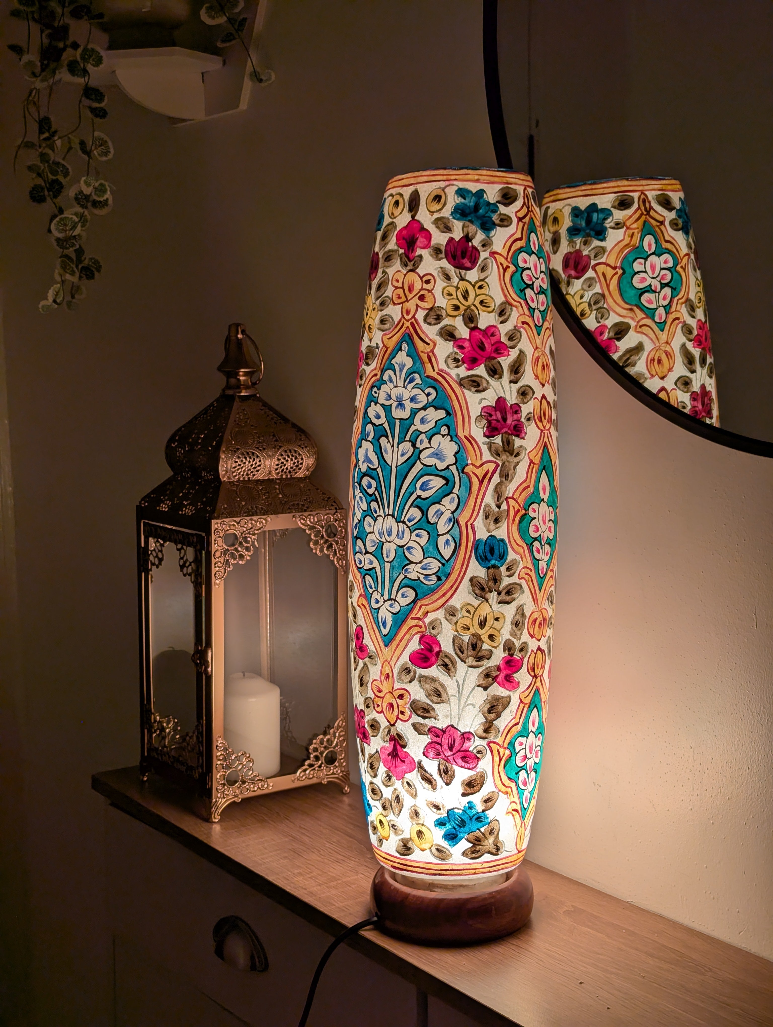 Hand-Painted Floral Table Lamp: Camel Skin, Unique Home Decor
