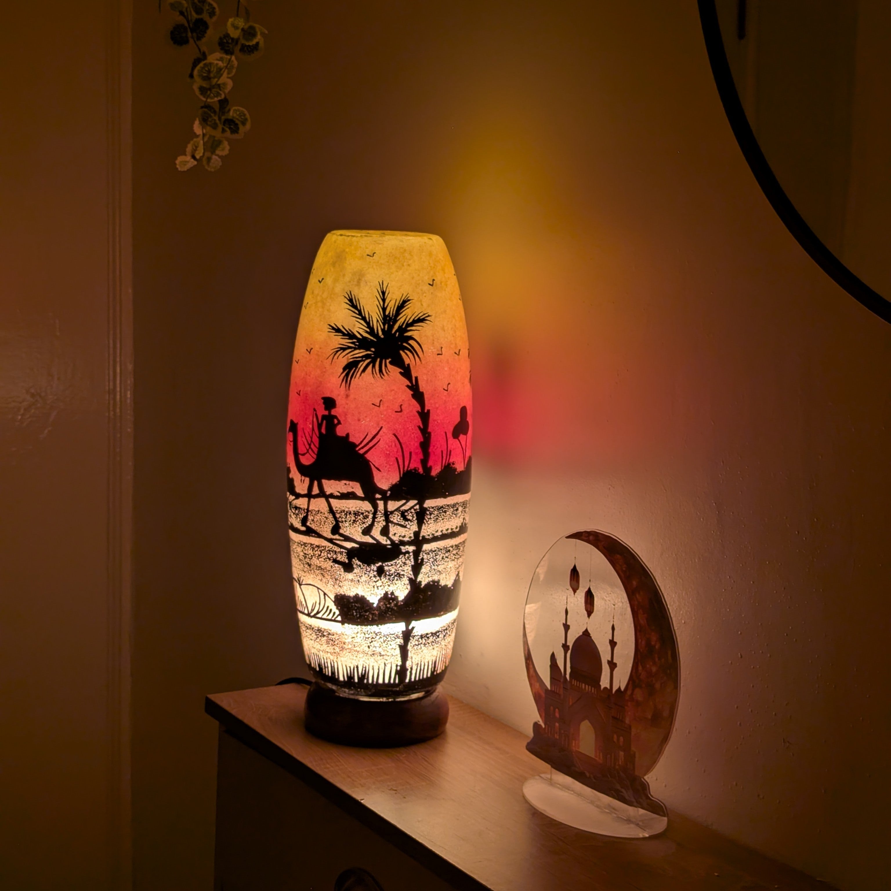 Handmade Multani Camel Skin Lamp - Painted Boho Desert Scene Ambient Light