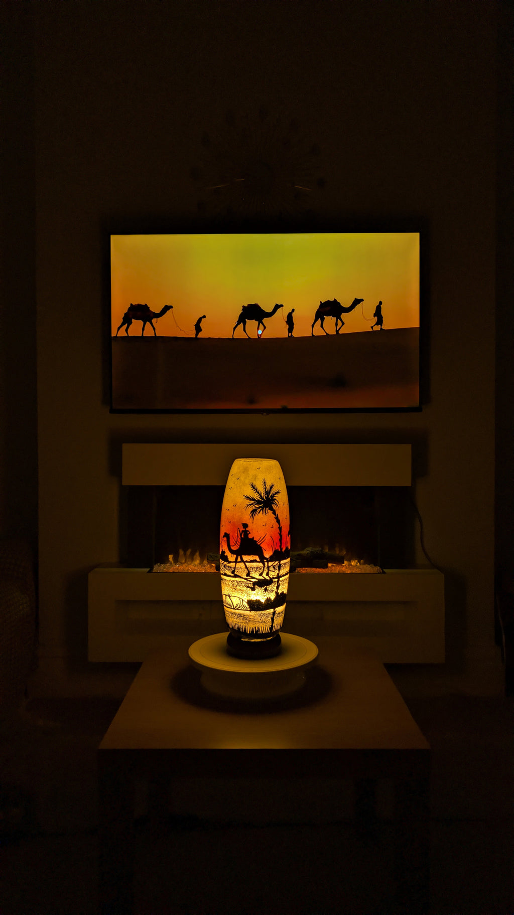 Handmade Multani Camel Skin Lamp - Painted Boho Desert Scene Ambient Light
