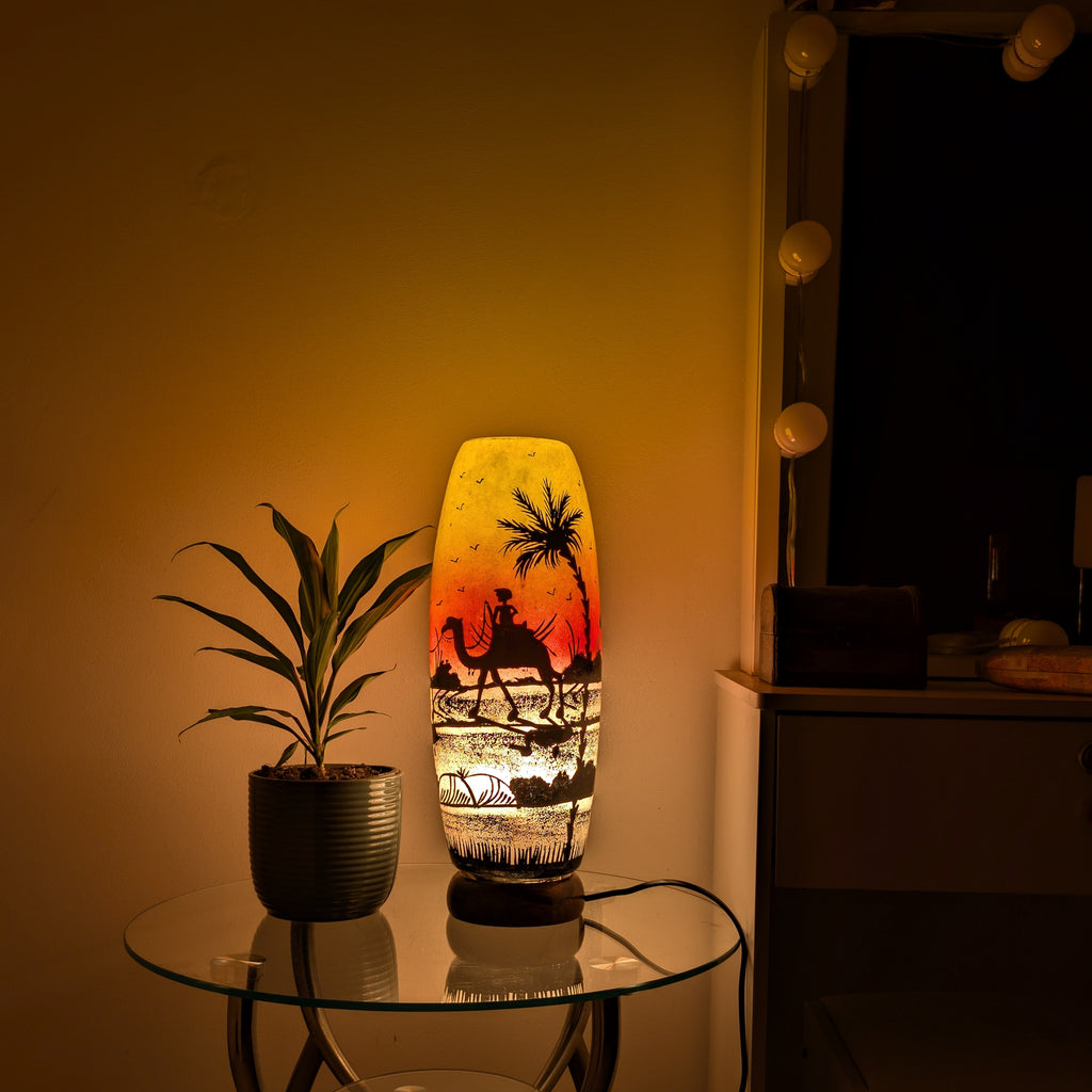 Handmade Multani Camel Skin Lamp - Painted Boho Desert Scene Ambient Light