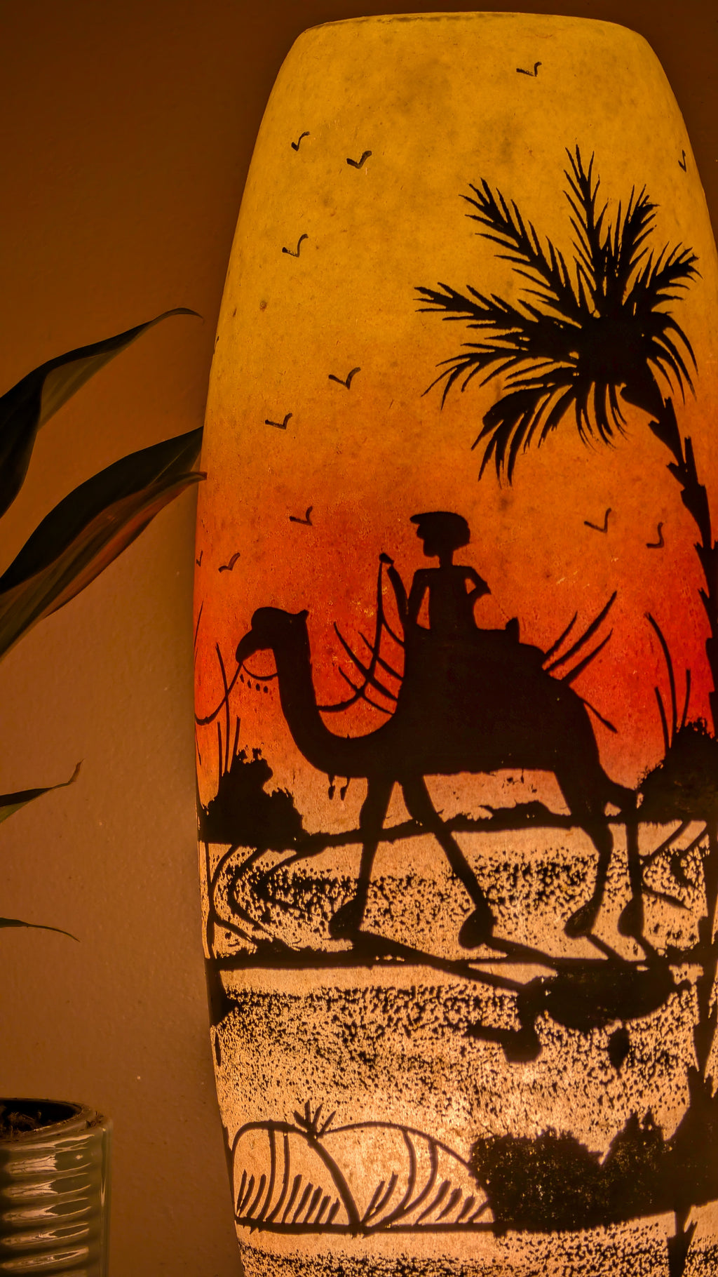 Handmade Multani Camel Skin Lamp - Painted Boho Desert Scene Ambient Light
