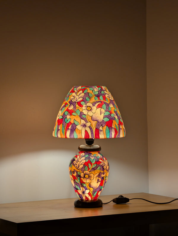 Hand Painted Table Lamp – Colourful Floral Garden Design Lampshades - Wooden Base