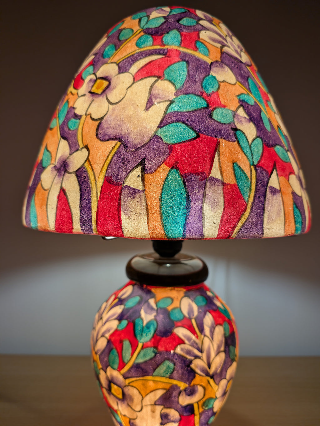 Hand Painted Table Lamp – Colourful Floral Garden Design Lampshades - Wooden Base