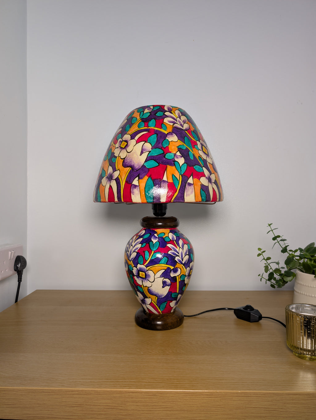Hand Painted Table Lamp – Colourful Floral Garden Design Lampshades - Wooden Base