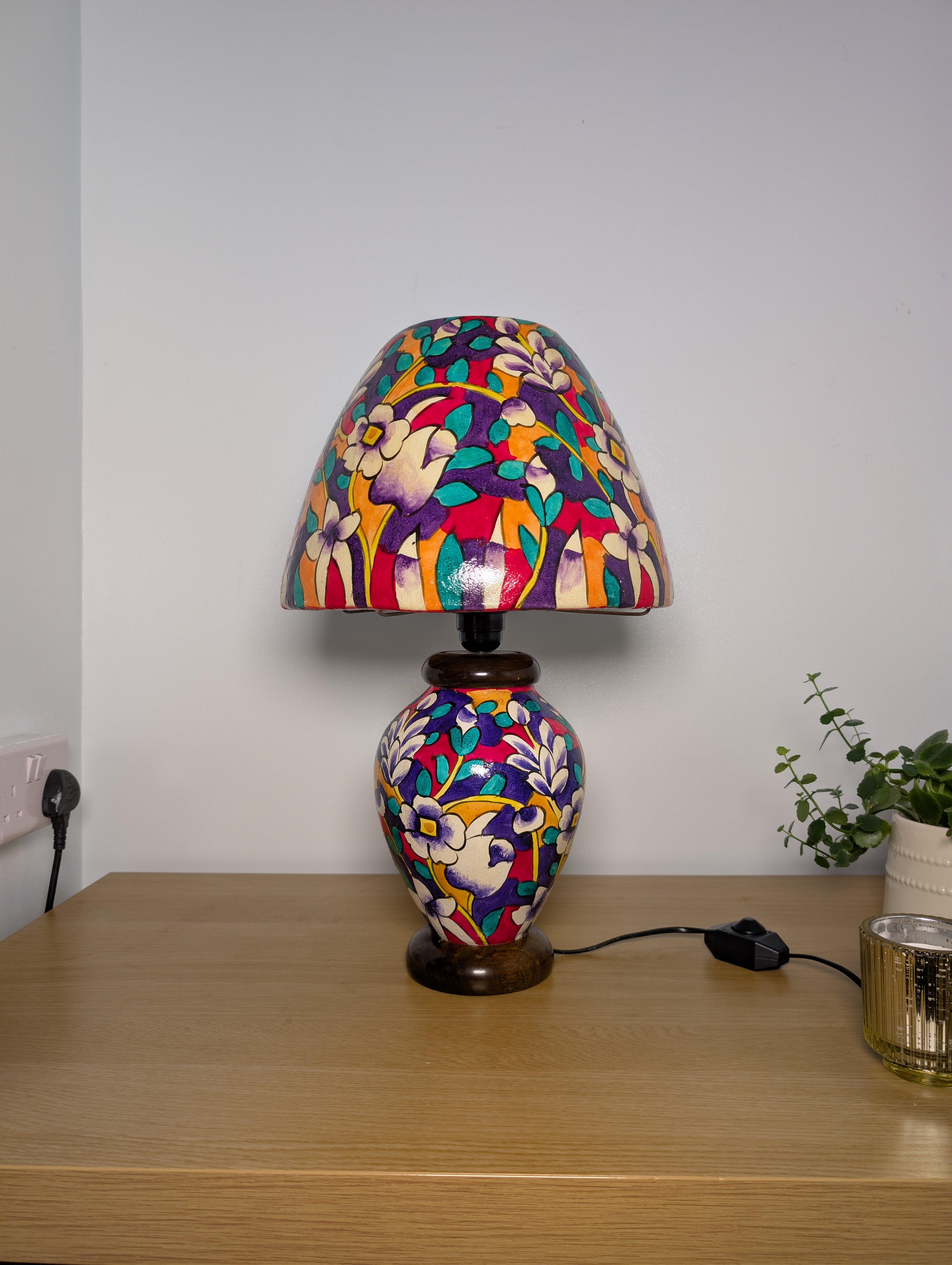 Hand Painted Table Lamp – Colourful Floral Garden Design Lampshades - Wooden Base