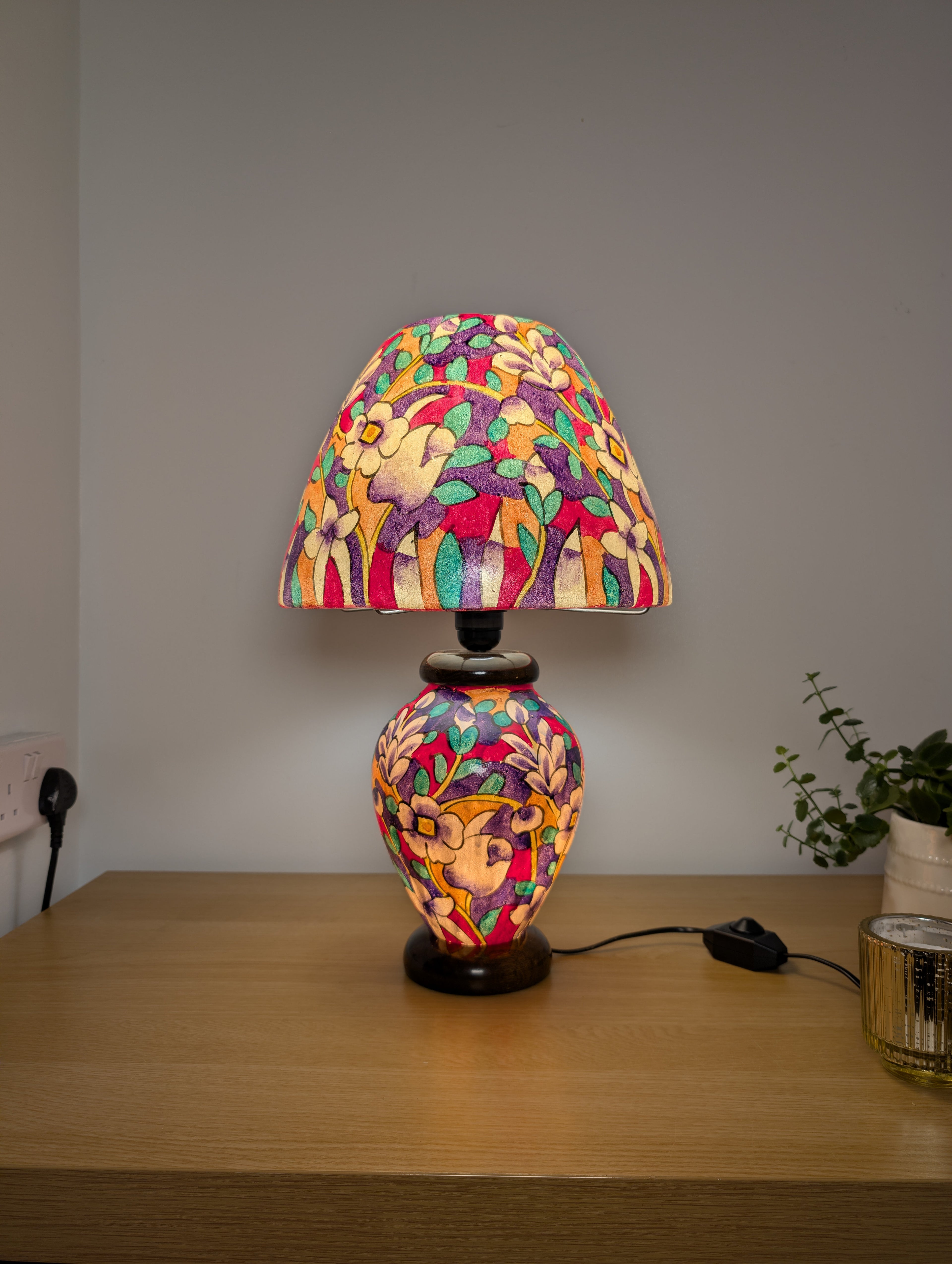Hand Painted Table Lamp – Colourful Floral Garden Design Lampshades - Wooden Base