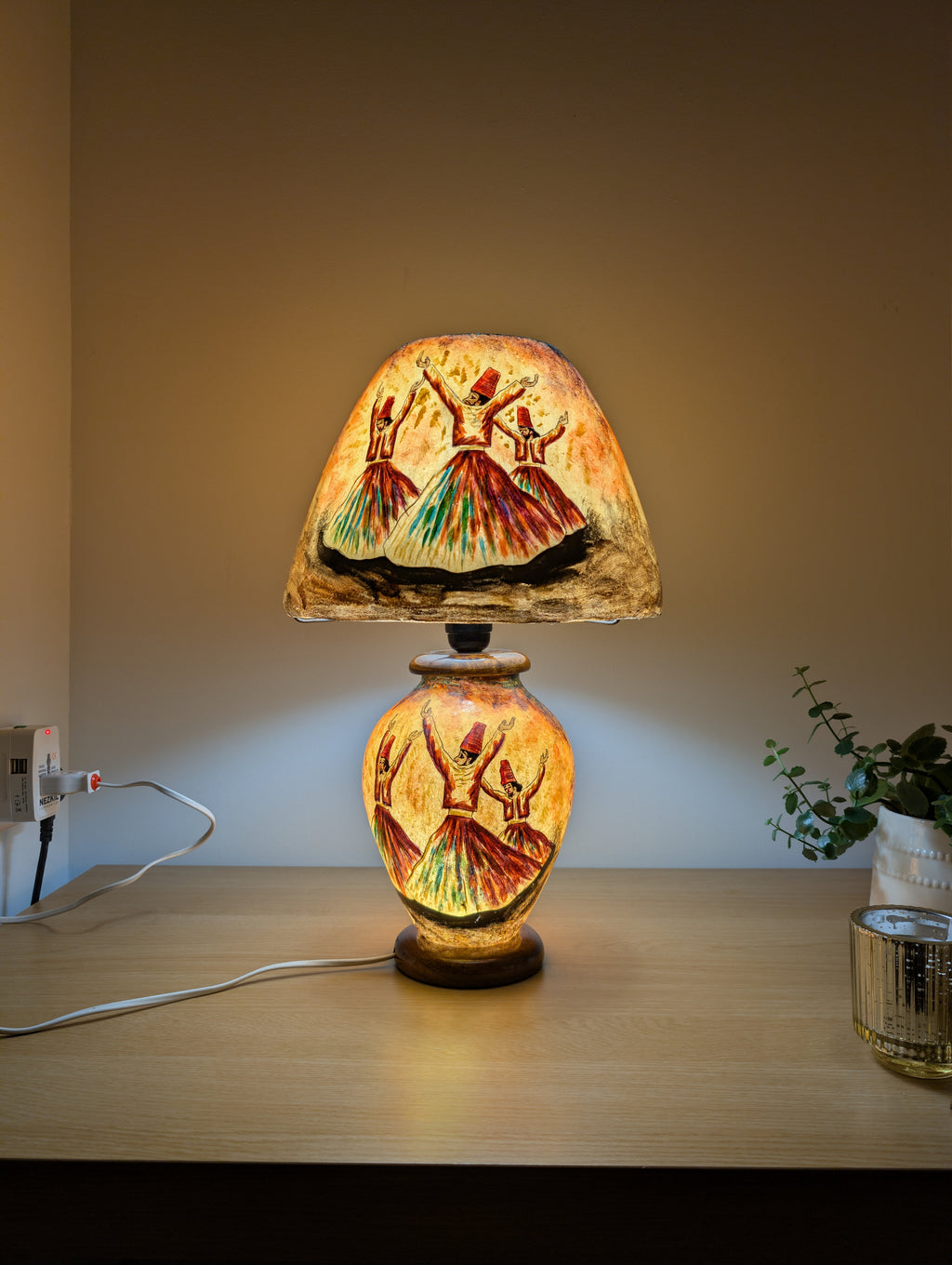 Handcrafted Camel Skin Table Lamp | Whirling Dervish, Boho Decor