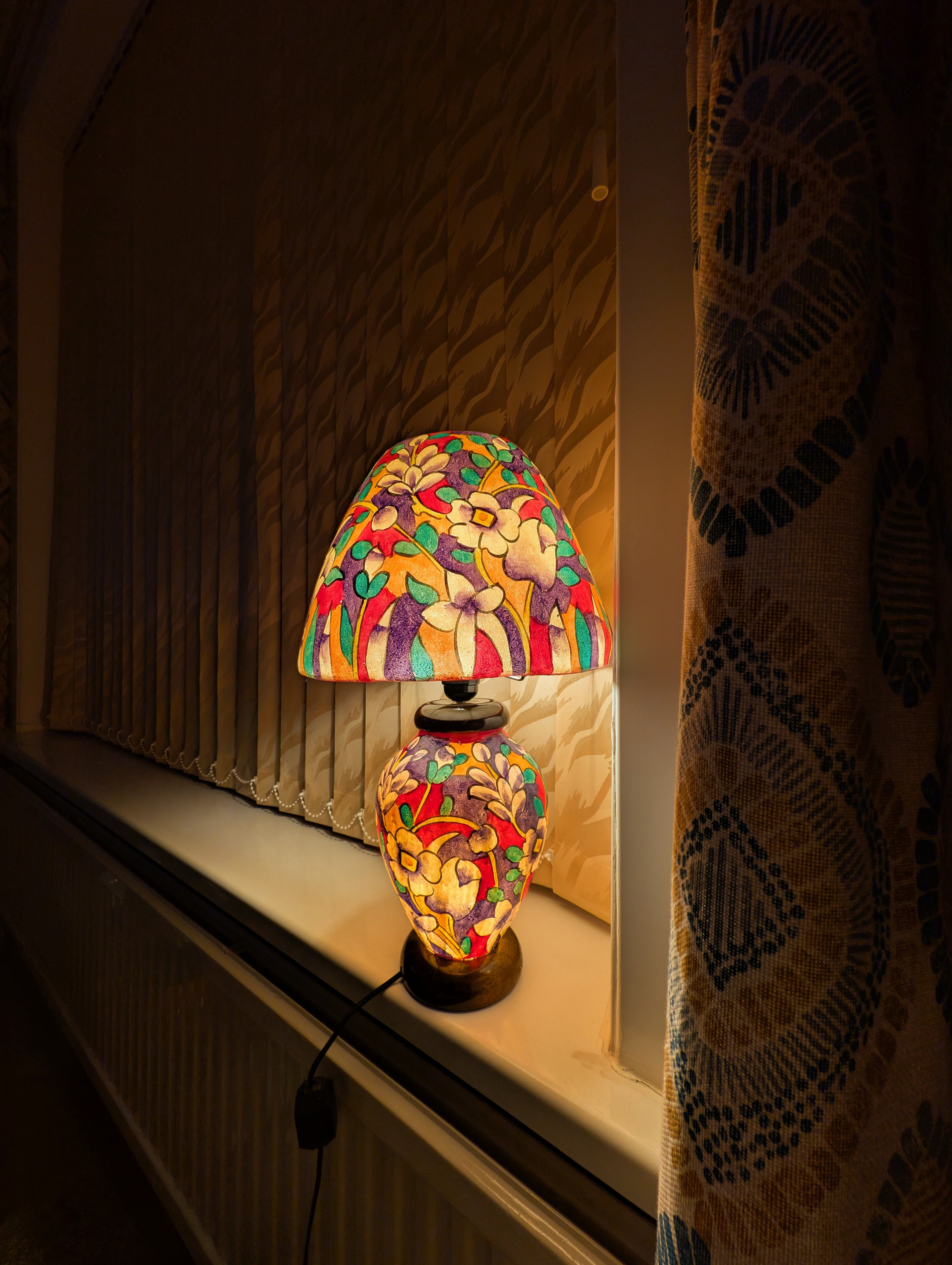 Hand Painted Table Lamp – Colourful Floral Garden Design Lampshades - Wooden Base