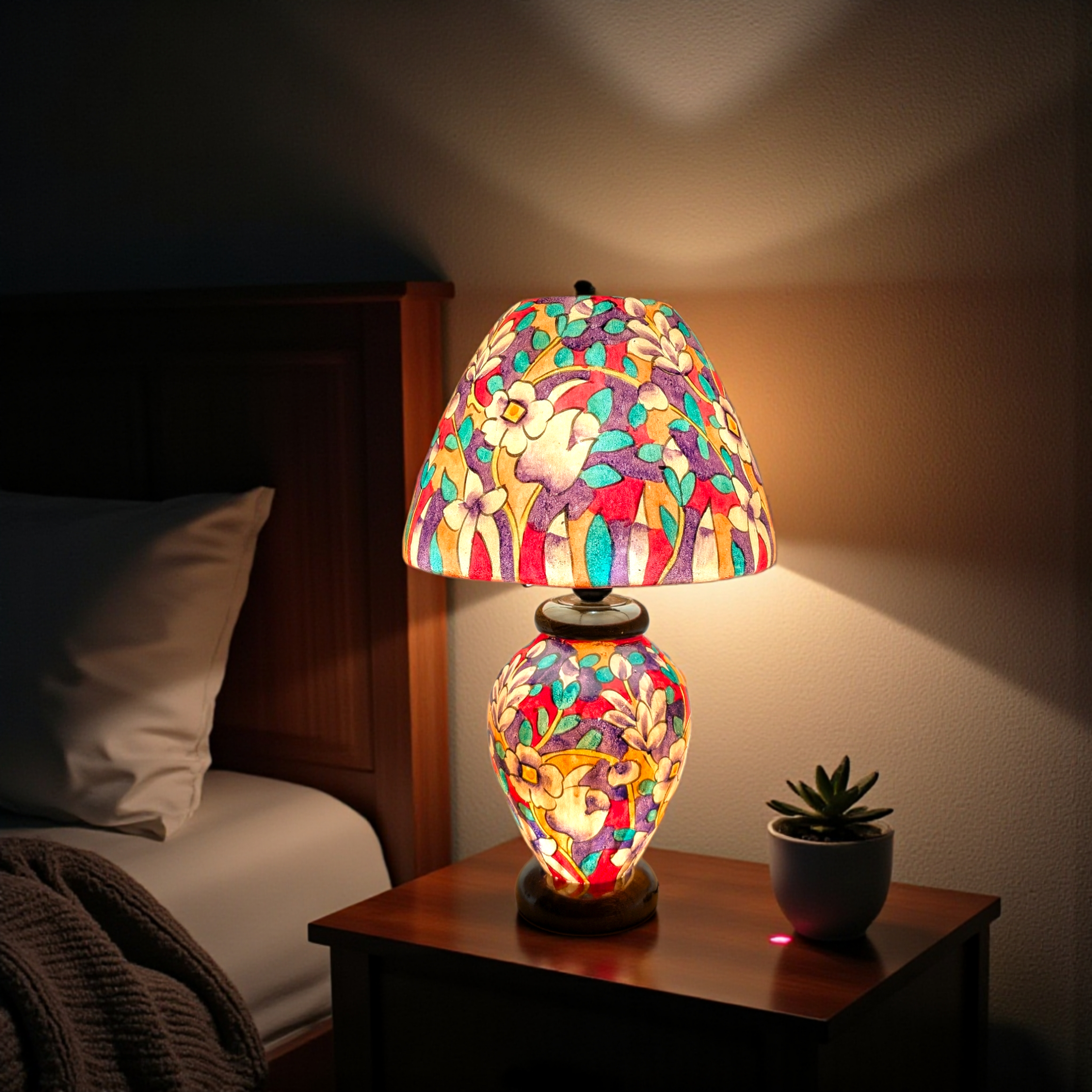 Hand Painted Table Lamp – Colourful Floral Garden Design Lampshades - Wooden Base