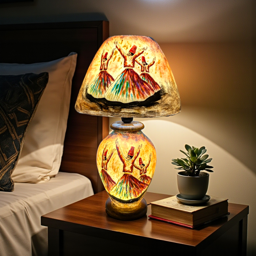 Handcrafted Camel Skin Table Lamp | Whirling Dervish, Boho Decor