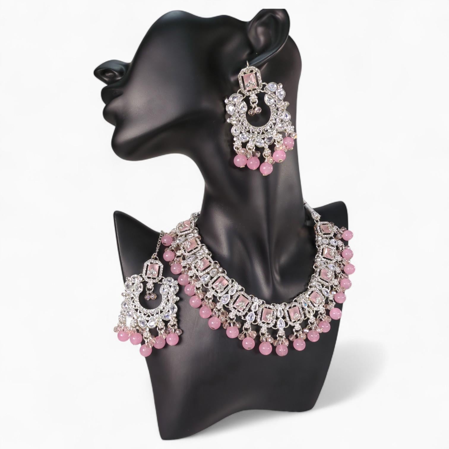Pink Jewellery set with necklace, earrings and Bindi