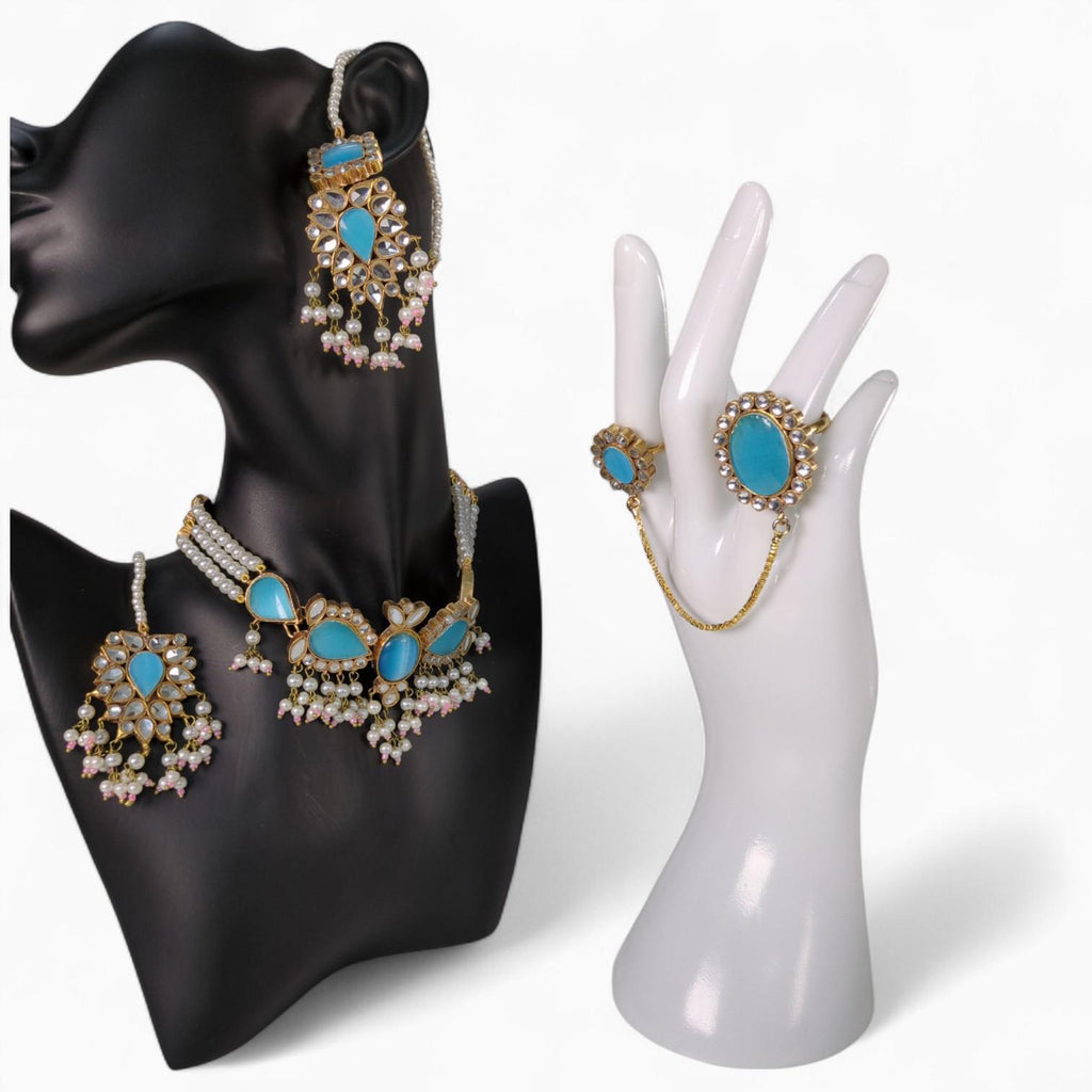 Traditional Jewellery Set with aqua coloured stones, Adjustable ring