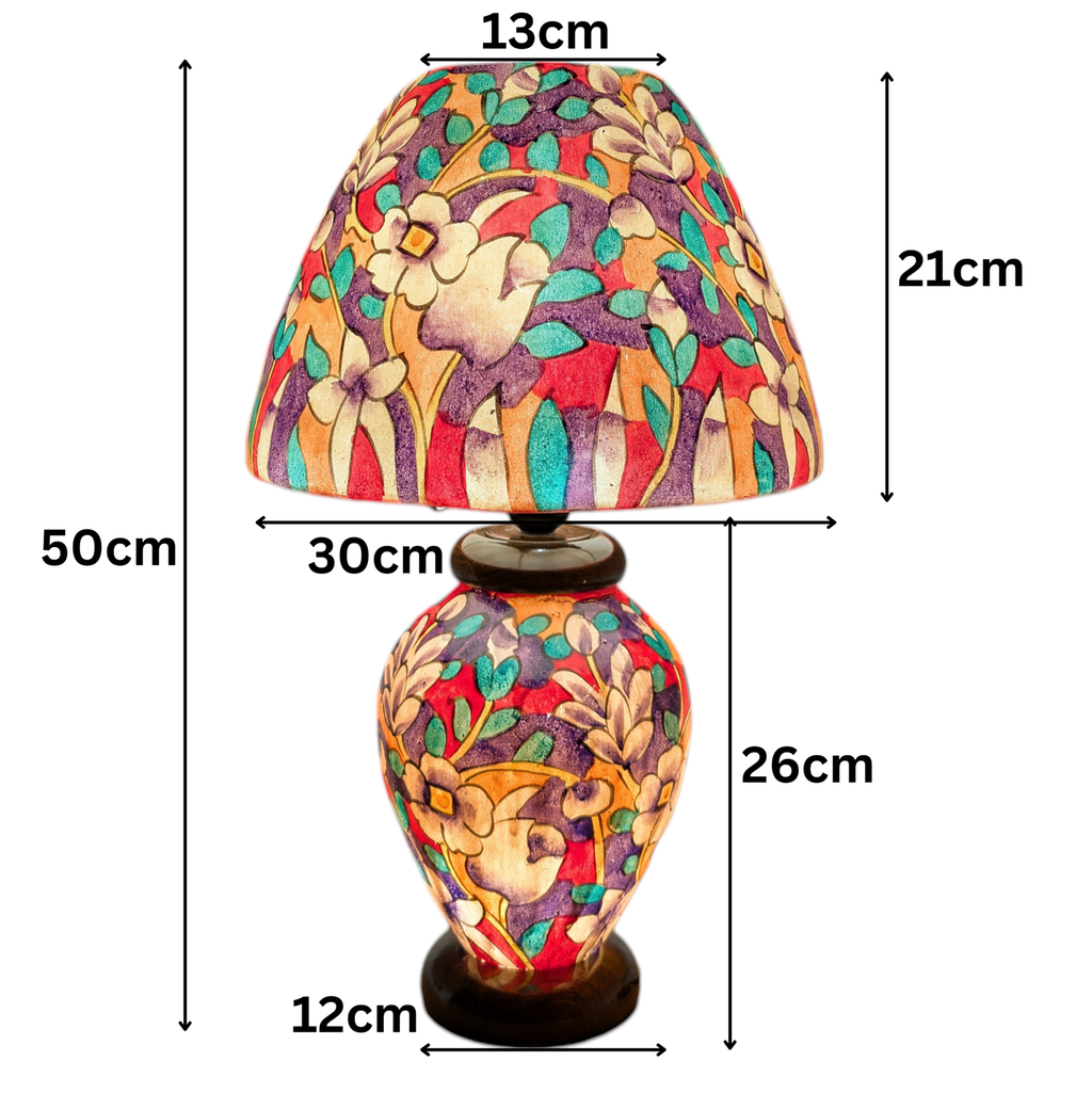 Hand Painted Table Lamp – Colourful Floral Garden Design Lampshades - Wooden Base