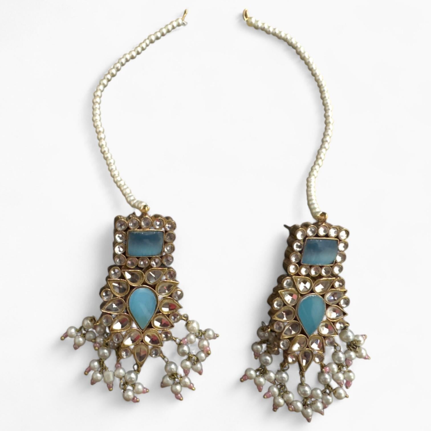 Traditional Jewellery Set with aqua coloured stones, Adjustable ring