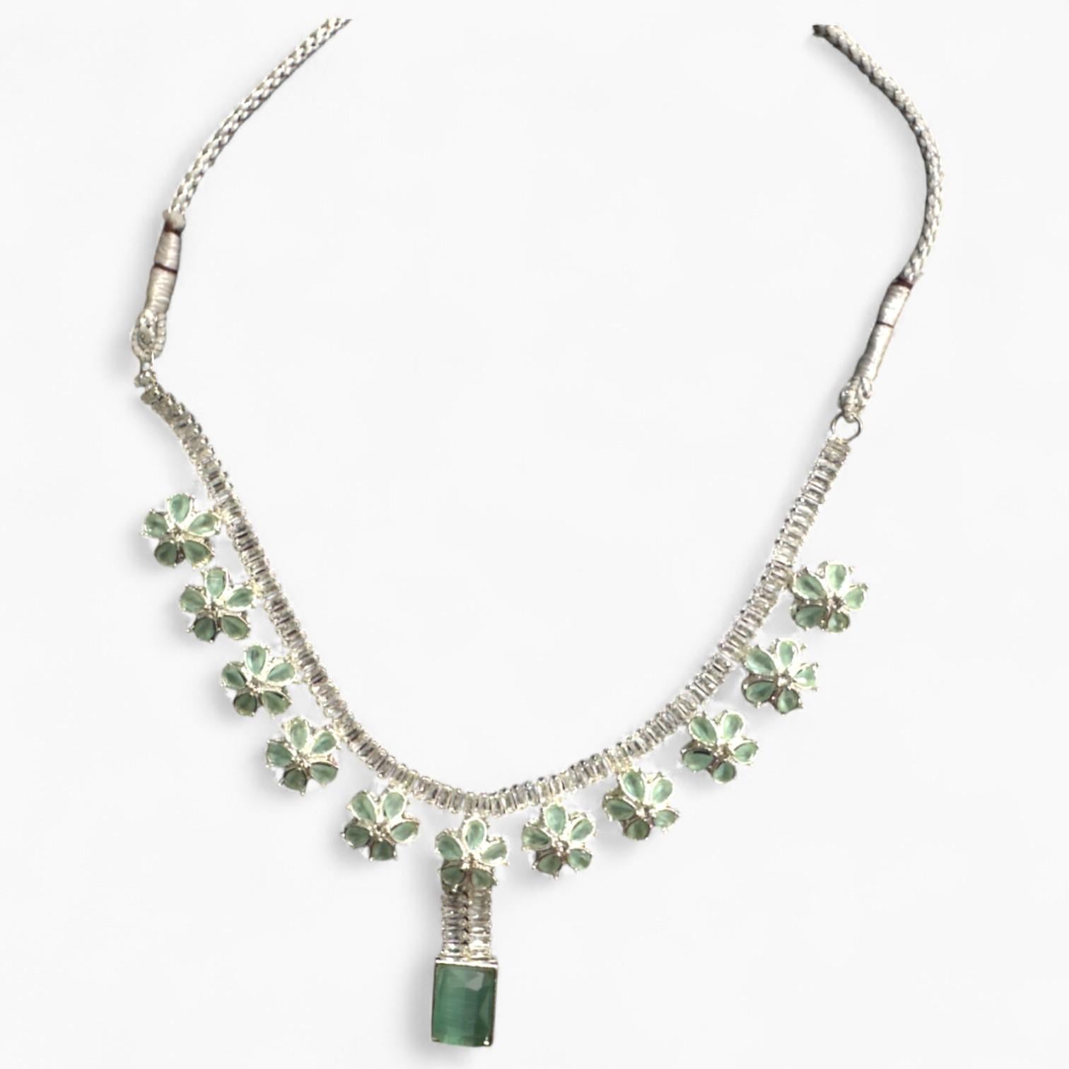 Light Weight Sliver And Emerald coloured stones jewellery Set