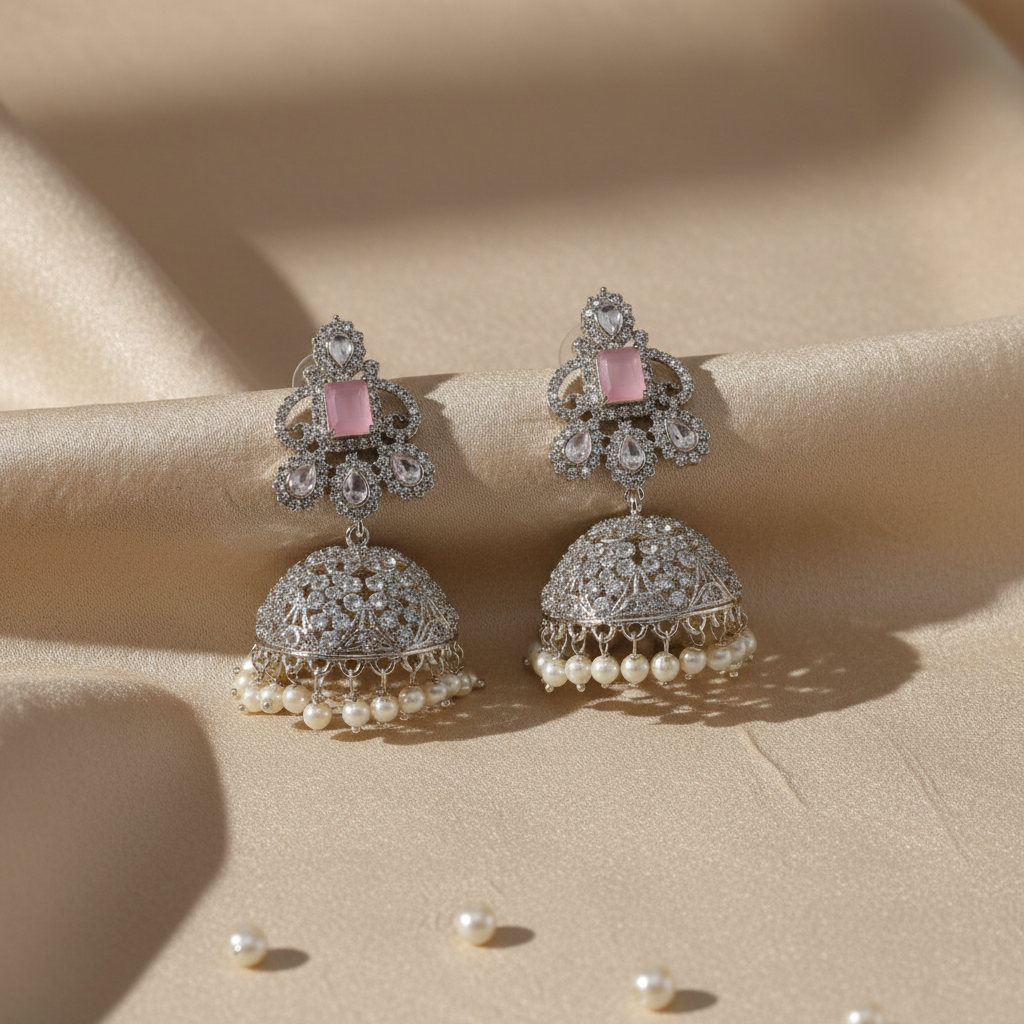 Pink & Silver Jhumka earrings in elegant setting