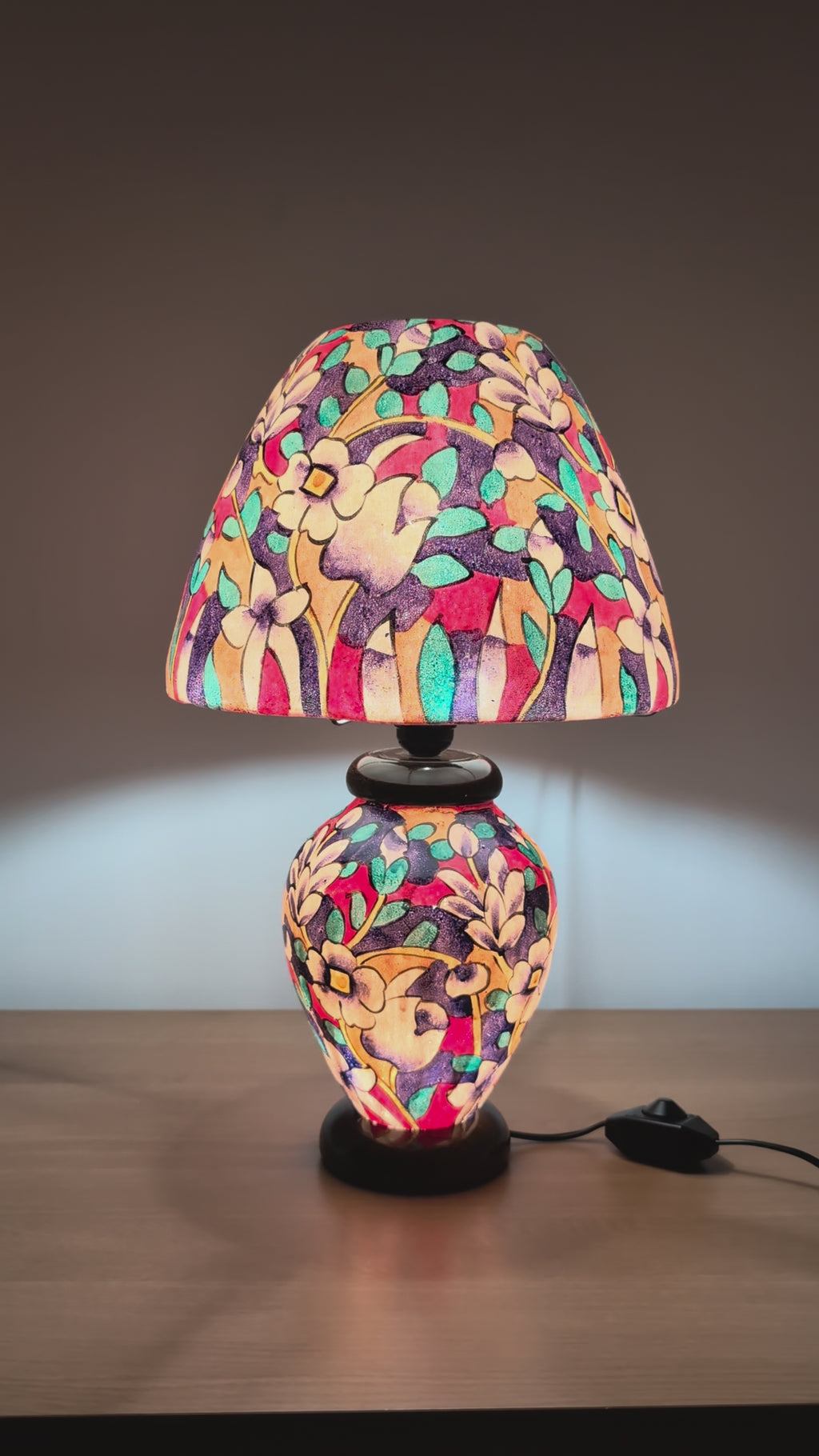 Hand Painted Table Lamp – Colourful Floral Garden Design Lampshades - Wooden Base