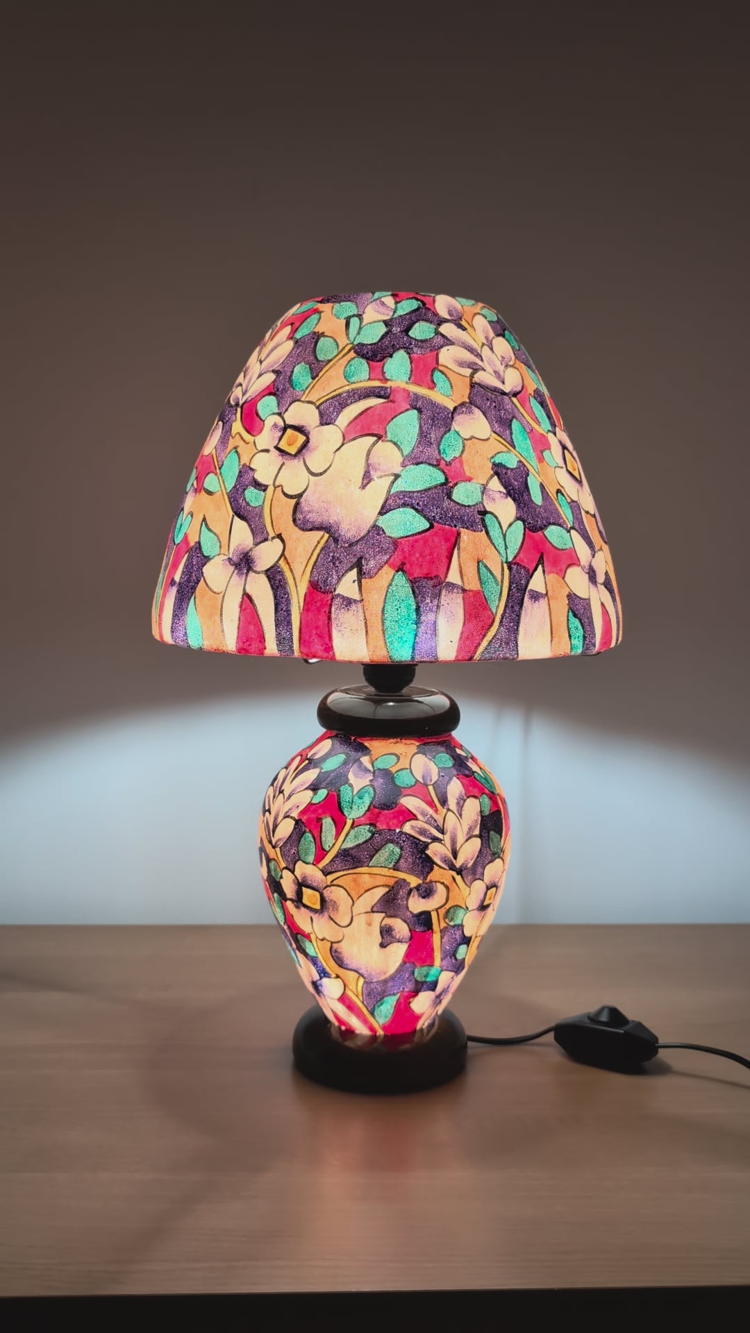 Hand Painted Table Lamp – Colourful Floral Garden Design Lampshades - Wooden Base