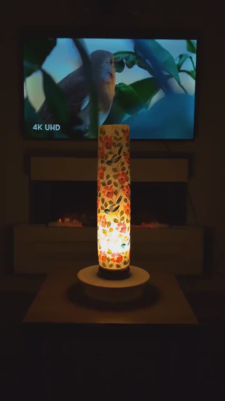 Artistic Floral Bird Lamp - Hand-Painted Vintage Boho Decor Unique Table Accent