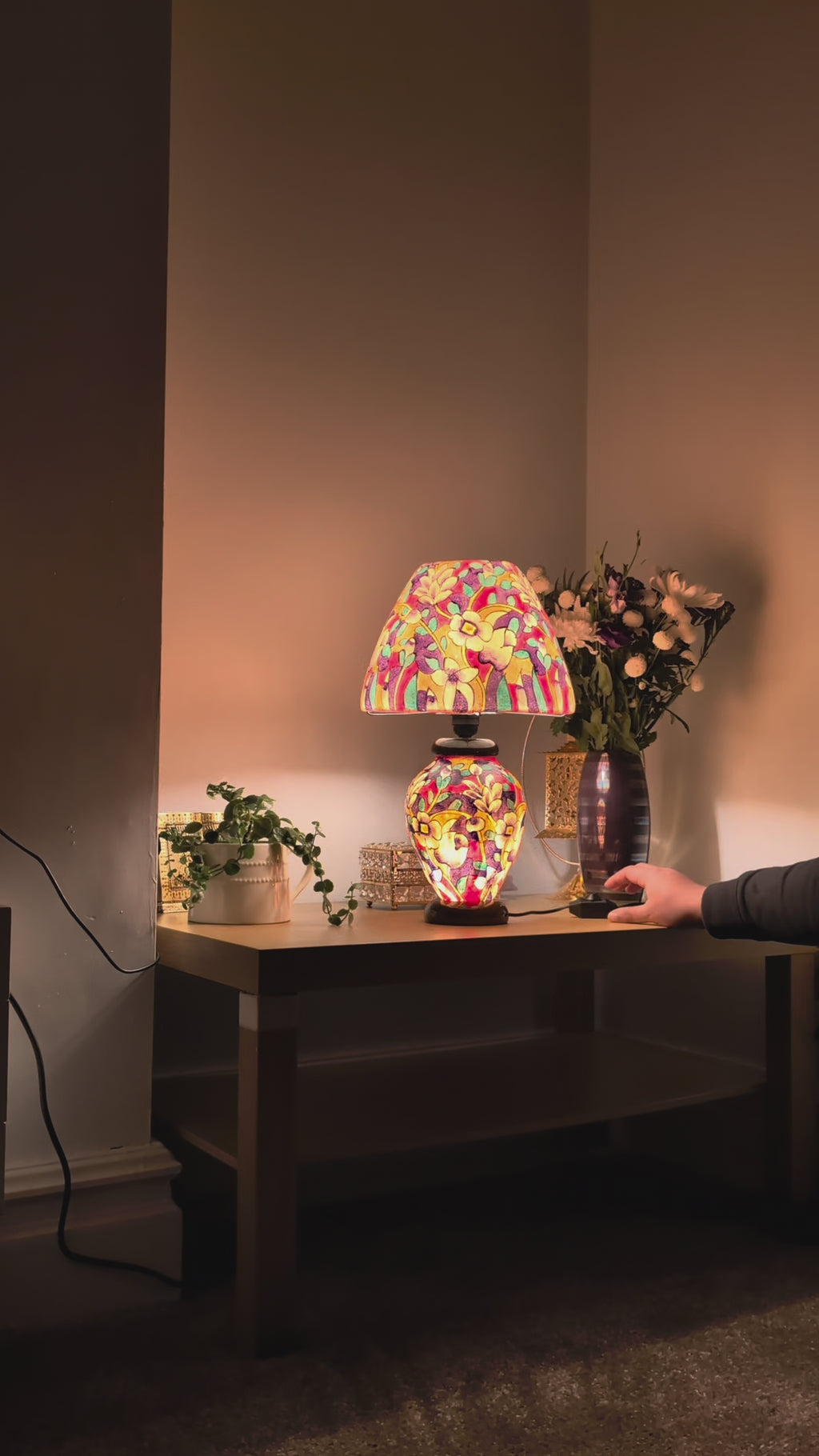 Hand Painted Table Lamp – Colourful Floral Garden Design Lampshades - Wooden Base