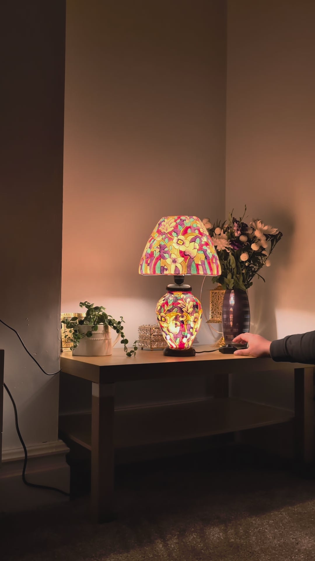 Hand Painted Table Lamp – Colourful Floral Garden Design Lampshades - Wooden Base